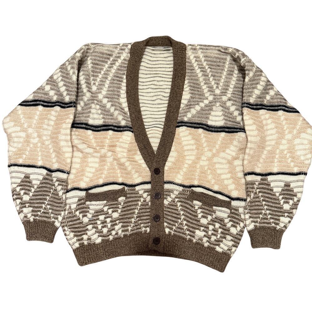 Vintage Bachrach Wool Cardigan Men Large Brown Beige Cozy Retro Grandpa Sweater